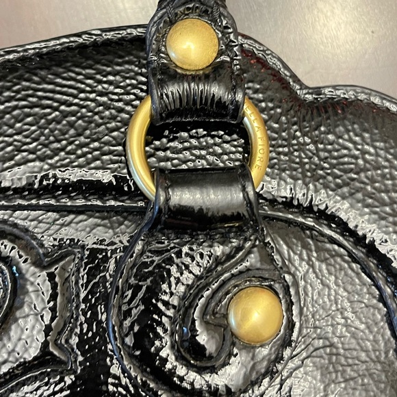 Isabella Fiore Tapestry Style Pattern Fabric and Black Patent Leather Hand bag. - Picture 5 of 8